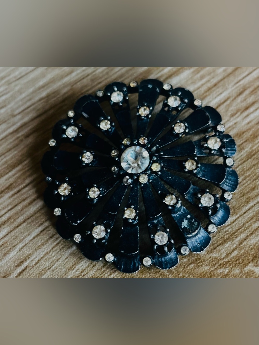 Vintage Black Enamel Fleur Brooch with Micro Crystal Accent